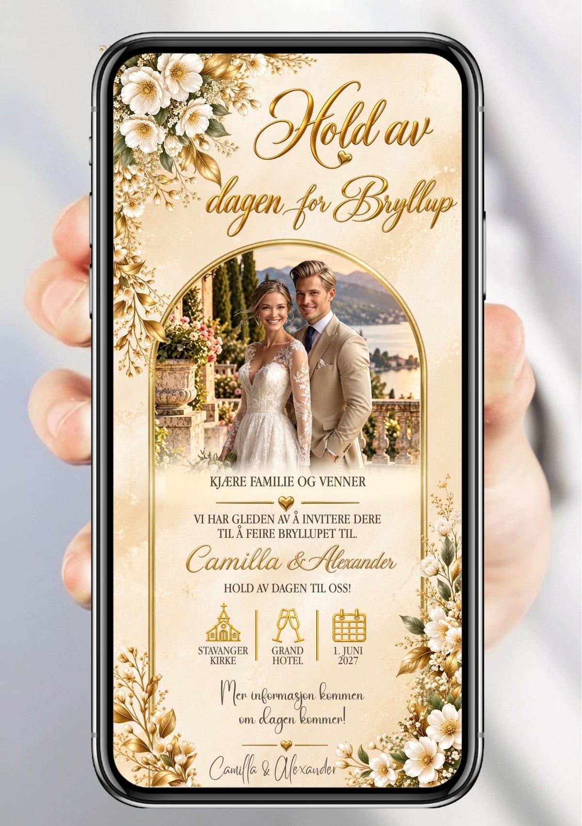Save the Date vist på mobil med bilde av et brudepar i en buet gullramme, hvite blomster, gylne blader og ikoner av en kirke, champagneglass og kalender. 