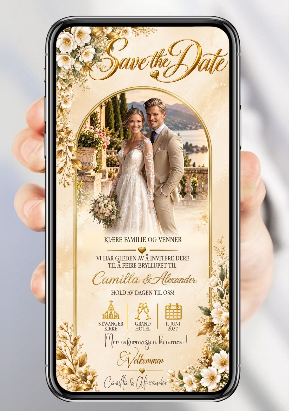 Save the Date vist på mobil med bilde av et brudepar i en buet gullramme, hvite blomster, gylne blader og ikoner av en kirke, champagneglass og kalender.