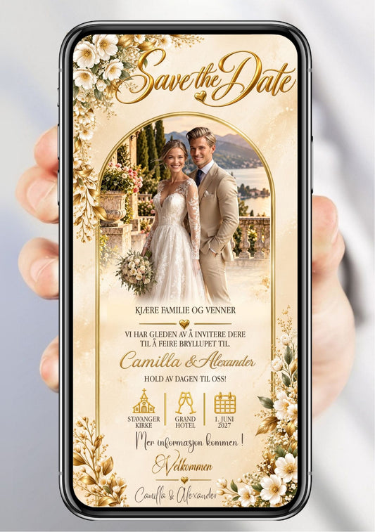 Save the Date vist på mobil med bilde av et brudepar i en buet gullramme, hvite blomster, gylne blader og ikoner av en kirke, champagneglass og kalender.