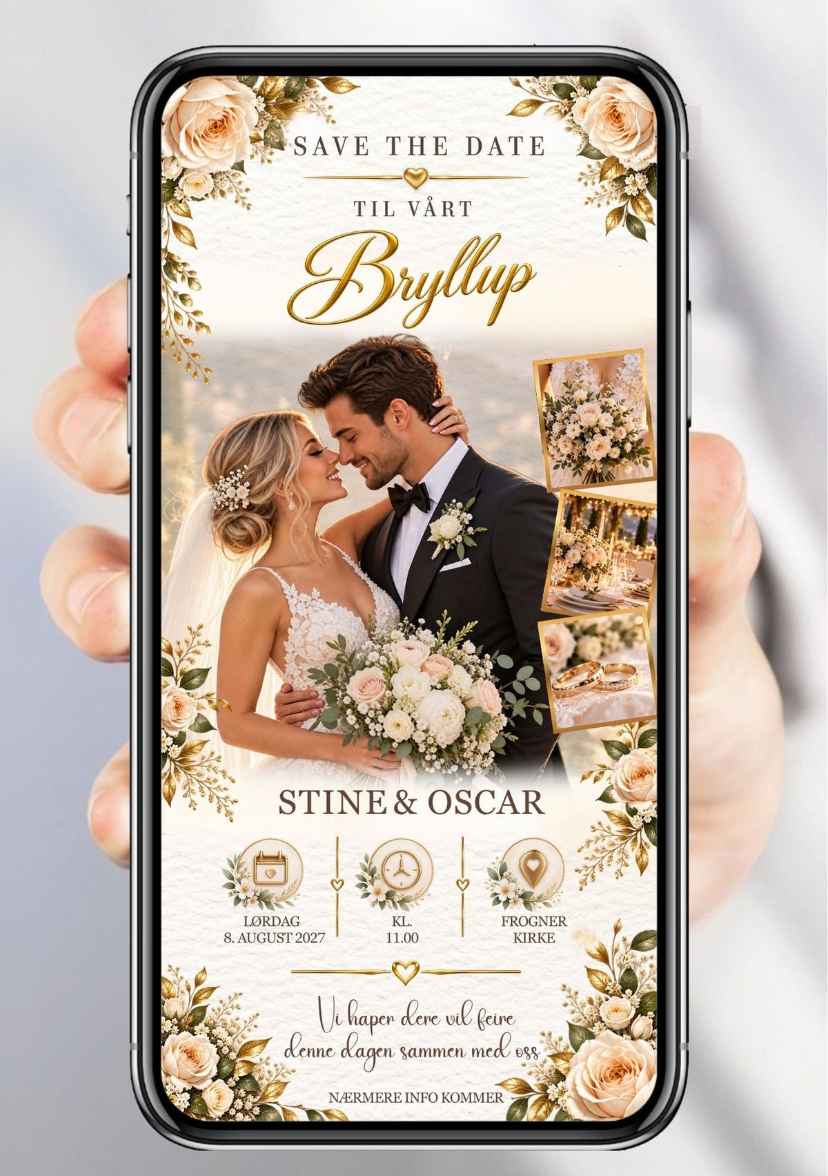 Digital Save the Date vist på mobil med bilde av et brudepar, små detaljbilder, lyse roser, gyllen skrift og ikoner for dato, klokkeslett og sted.