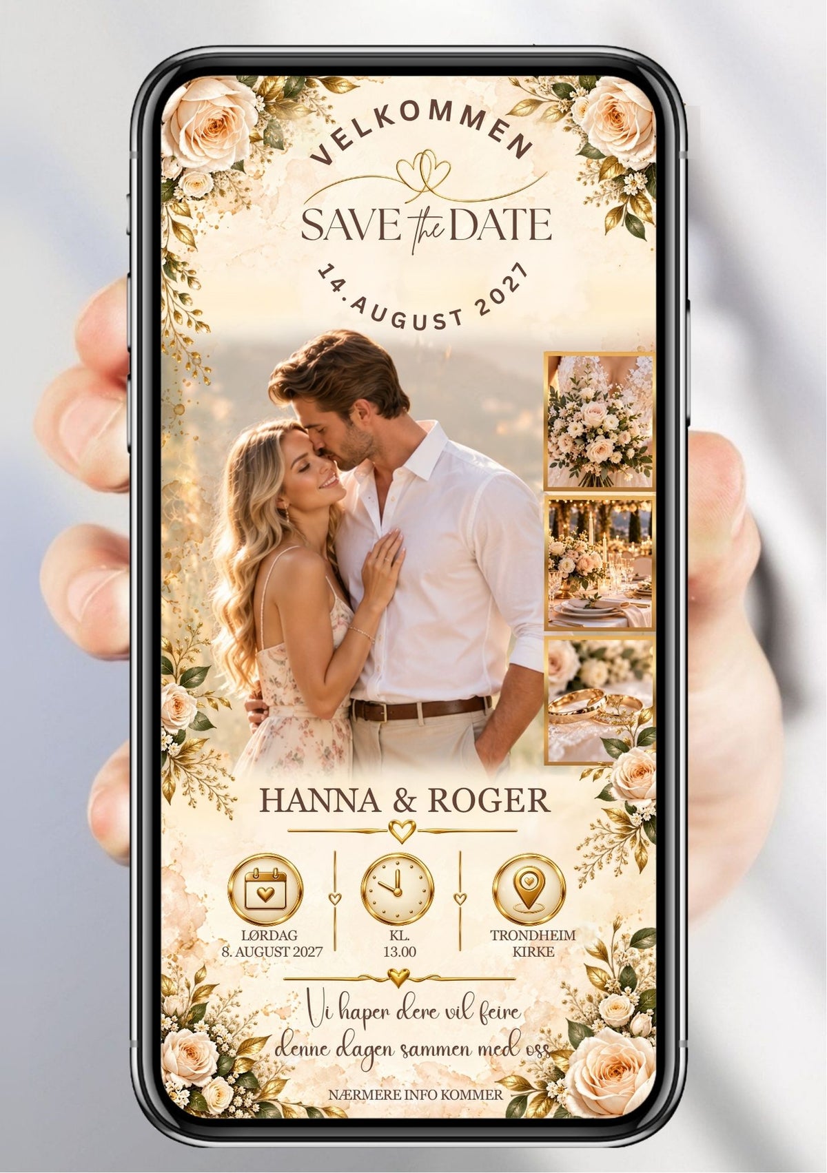 Digital Save the Date vist på mobil med bilde av et par, små detaljbilder, lyse roser og gylne ikoner for dato, klokkeslett og sted på kremfarget bakgrunn.