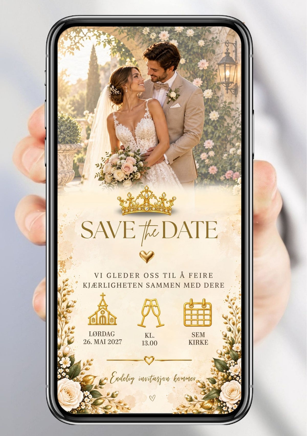 Save the Date vist på mobil med bilde av et brudepar, kremhvite roser, gullkrone, gylne hjerter og ikoner av en kirke, champagneglass og kalender.