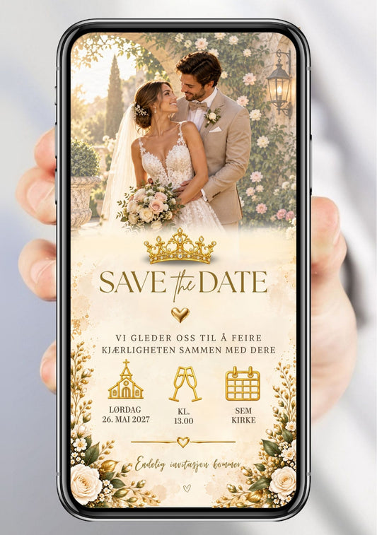 Save the Date vist på mobil med bilde av et brudepar, kremhvite roser, gullkrone, gylne hjerter og ikoner av en kirke, champagneglass og kalender.