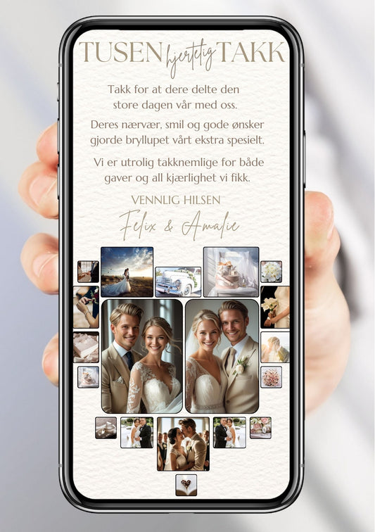 Digitalt takkekort bryllup med bildecollage, hvit bakgrunn og håndskrevet skrift
