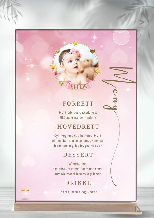 Dåpsmeny med barnets bilde, rosa design med gullstjerner og hjerter
