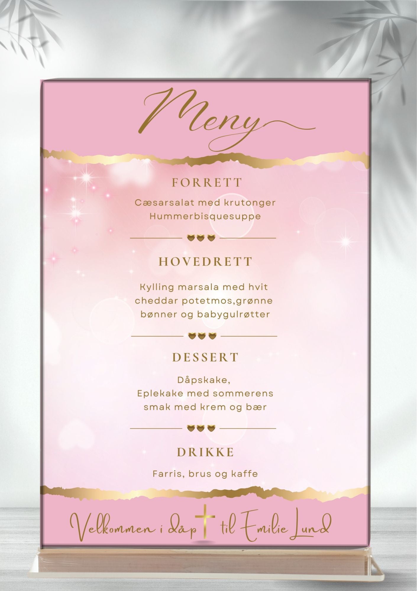 Dåpsmeny i rosa med gullskrift og gulldetaljer – personlig meny til dåp 