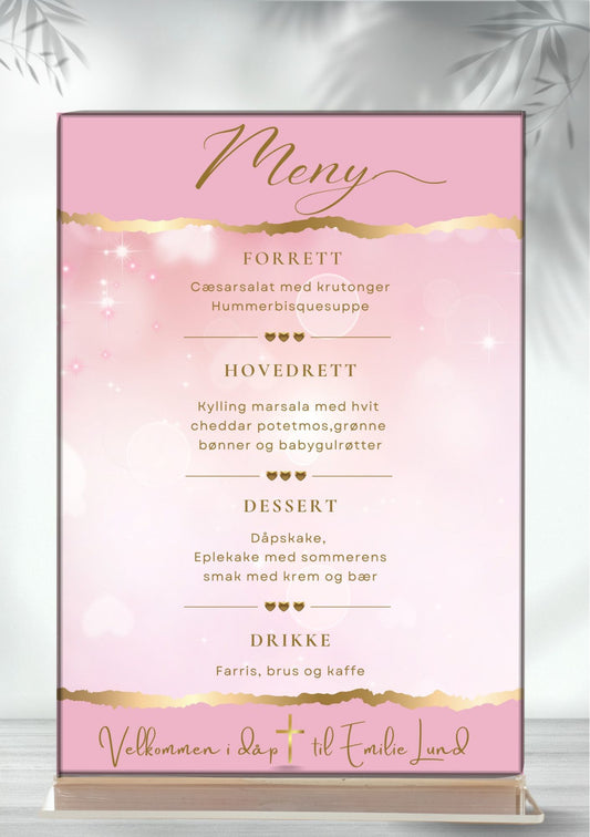 Dåpsmeny i rosa med gullskrift og gulldetaljer – personlig meny til dåp 