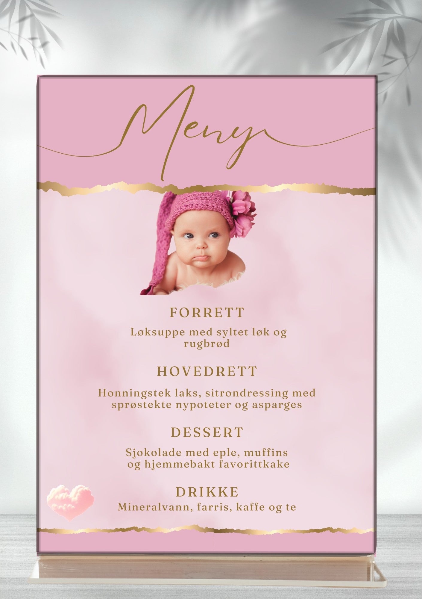 Dåpsmeny med barnets bilde i rosa med gulldetaljer