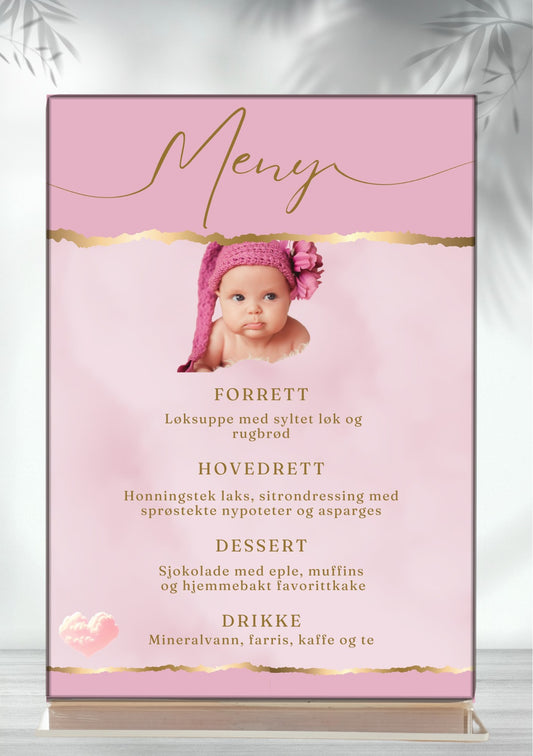 Dåpsmeny med barnets bilde i rosa med gulldetaljer