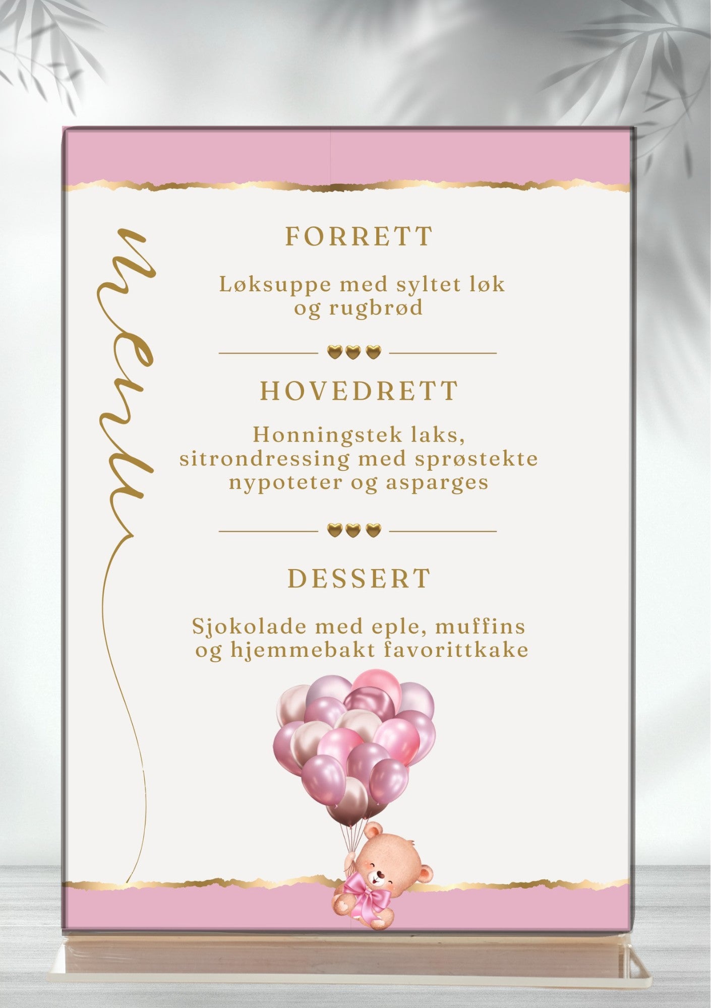Meny til dåp og navnefest i rosa med søt bamse og ballonger