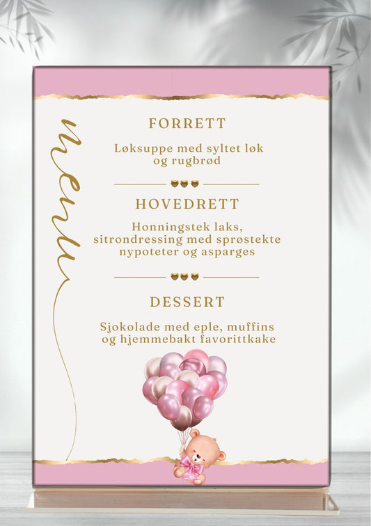 Meny til dåp og navnefest i rosa med søt bamse og ballonger