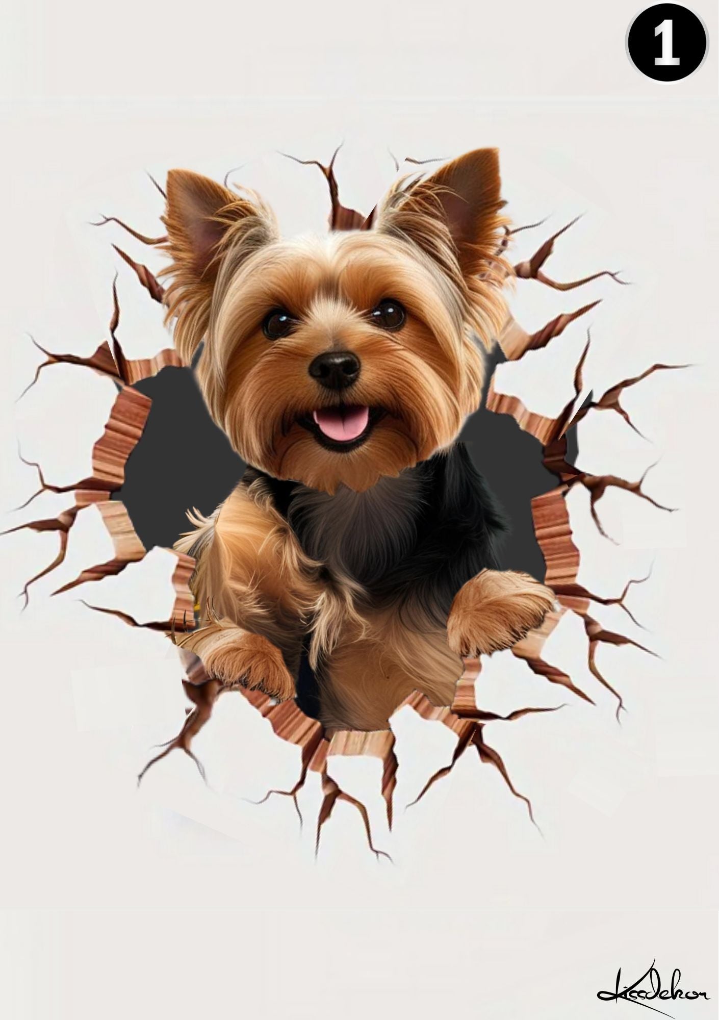 Kjæledyrplakat Yorkshire Terrier - hund bryter gjennom veggen fra KISS DEKOR
