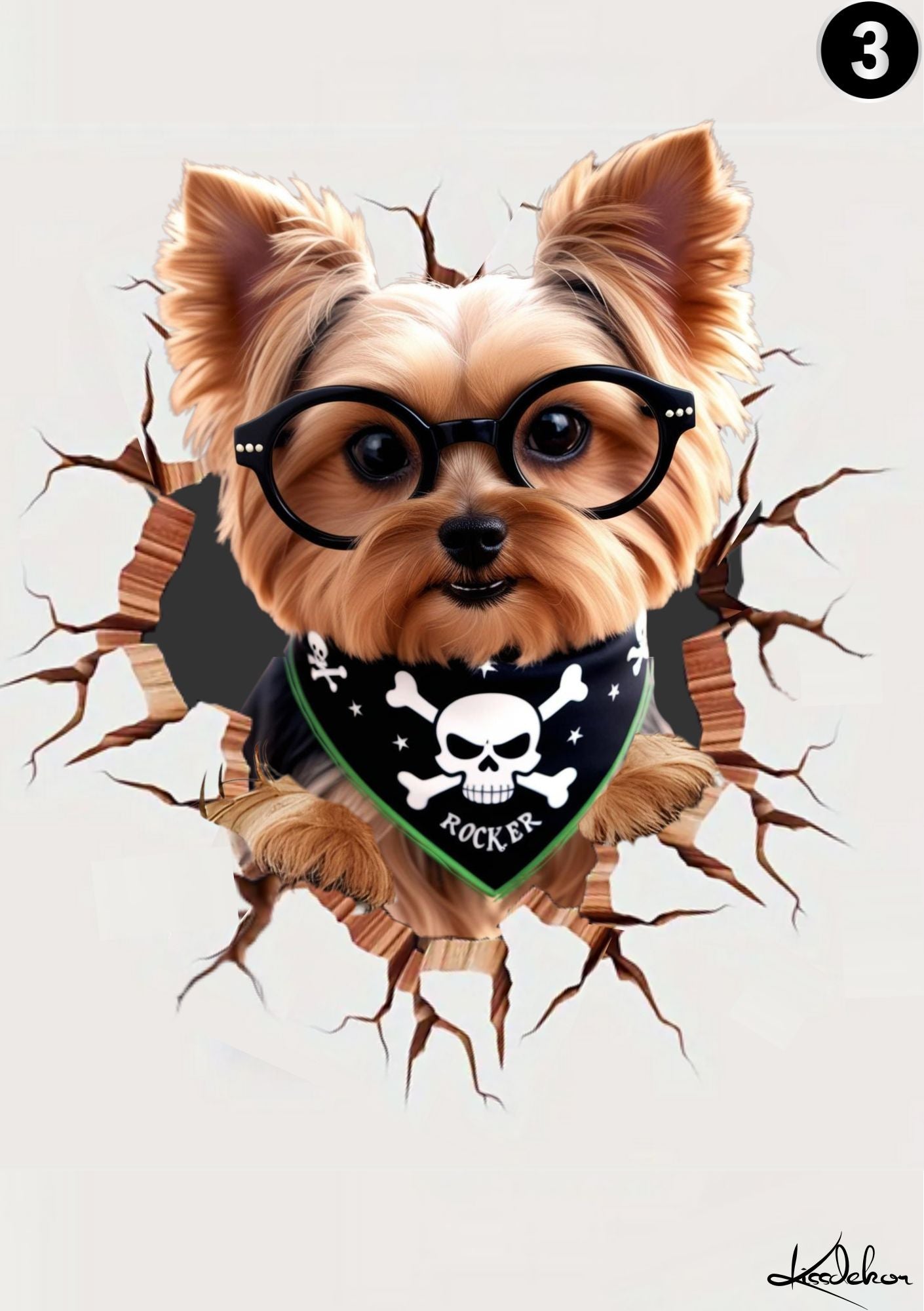 Kjæledyrplakat Yorkshire Terrier med briller - hund bryter gjennom veggen fra KISS DEKOR