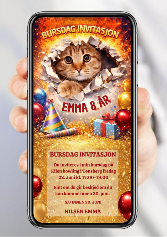 Digital bursdagsinvitasjon med søt katt, gull bakgrunn, ballonger og festlig design – klar til deling på mobil 