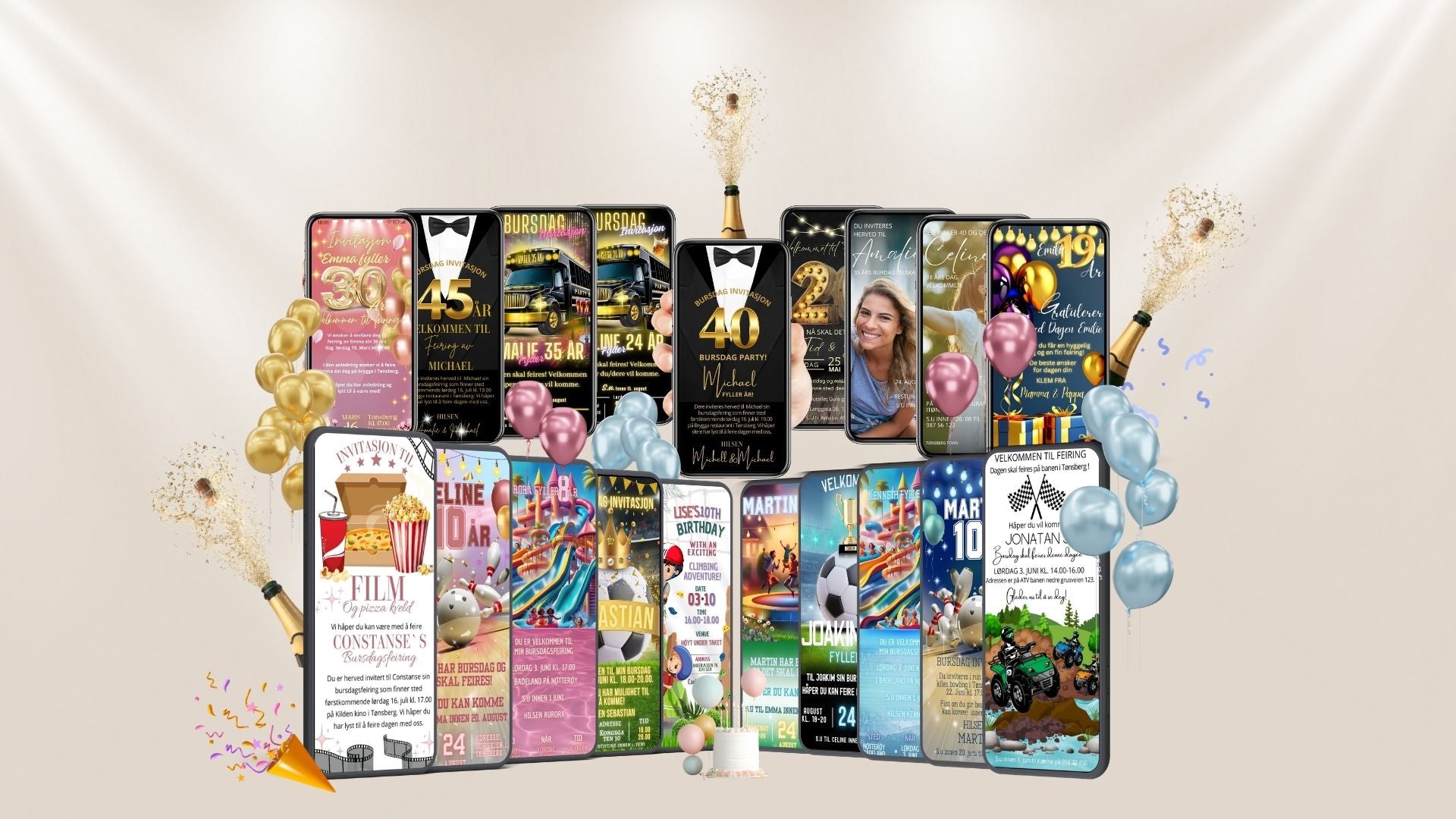 Digitale bursdagsinvitasjoner for barn og voksne – fargerike og personlige design fra KISS DEKOR