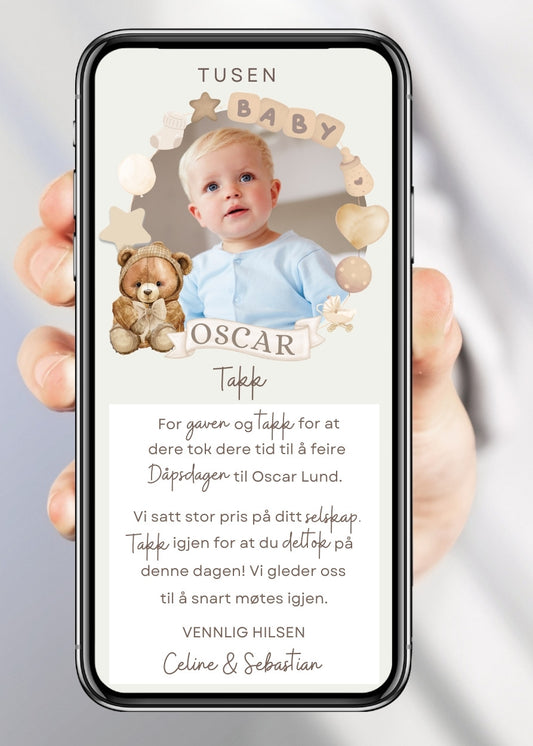 Takkekort til dåp bamse ramme design
