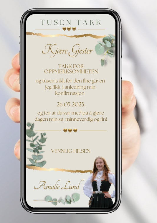 Takkekort konfirmasjon beige med bilde - personlig design med ferdig tekstforslag - KISS DEKOR