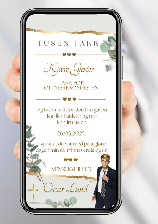 Takkekort konfirmasjon hvit med bilde - personlig design med ferdig tekstforslag - KISS DEKOR