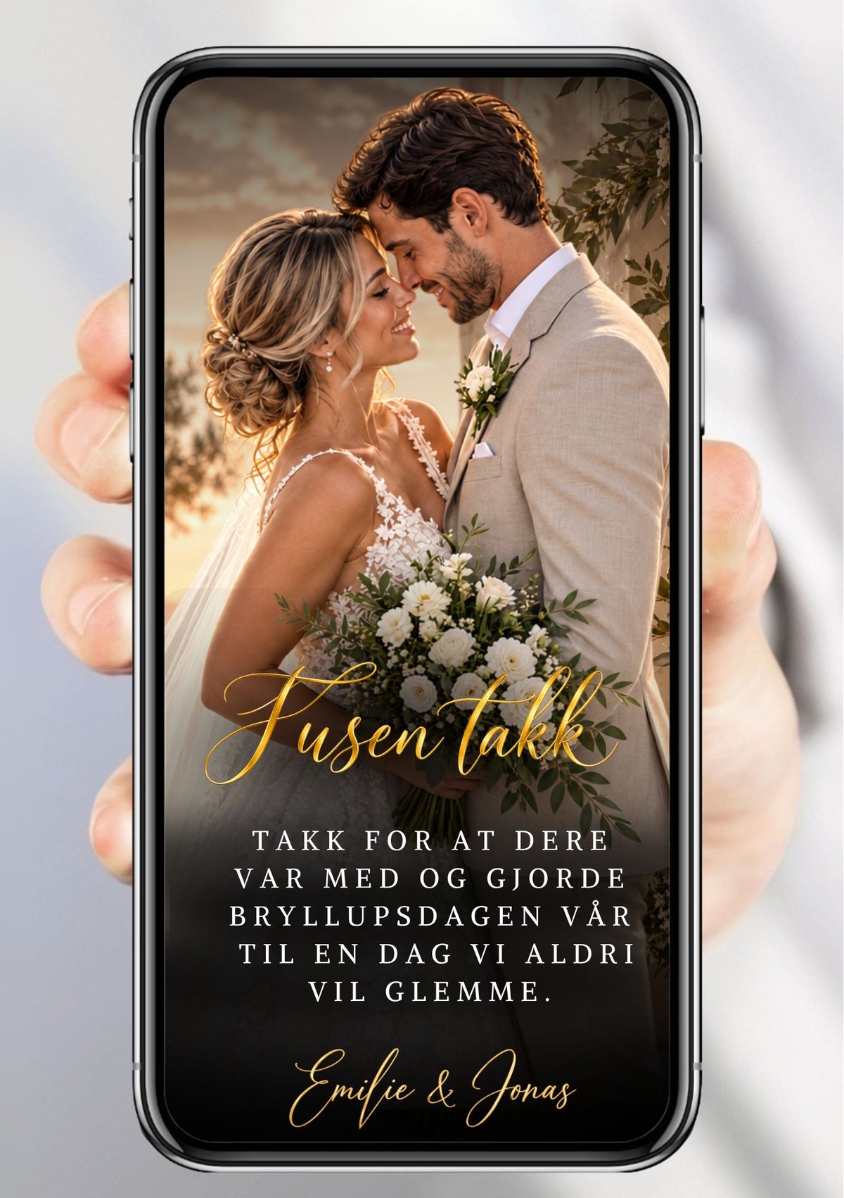 Digitalt takkekort med brudepar ansikt til ansikt i solnedgang med blomsterbukett, gullhåndskrift "Tusen takk" midt på, takketekst og håndskriftnavn "Emilie & Jonas" på sort bakgrunn