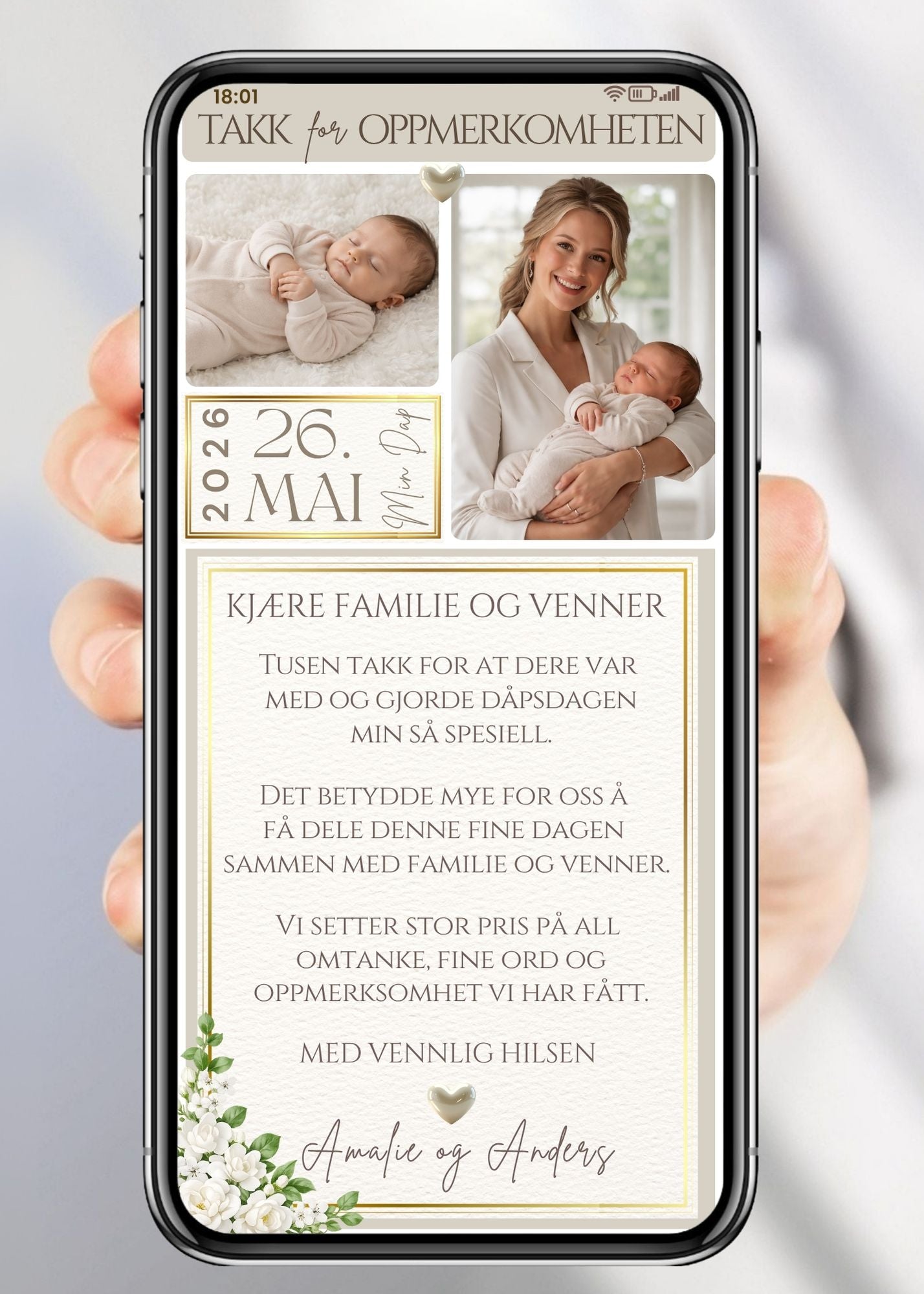 Klassisk beige mobil takkekort til dåp med bilde av sovende baby og mor, dato og hvite blomster – vist på mobilskjerm