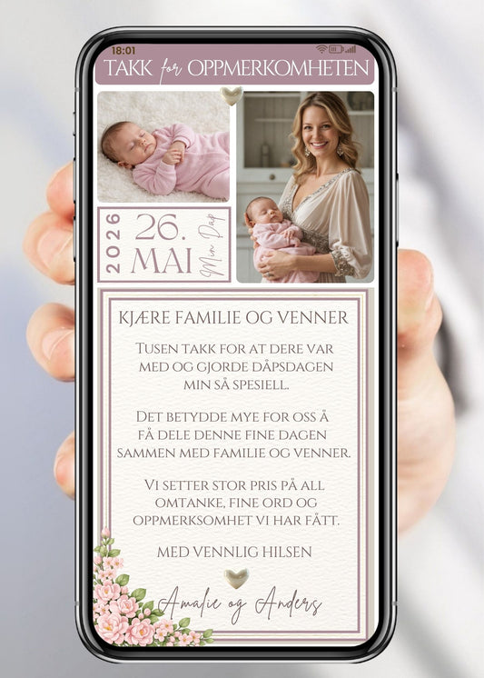 Klassisk rosa SMS takkekort til dåp med bilde av sovende baby og mor, dato og rosa blomster – vist på mobilskjerm