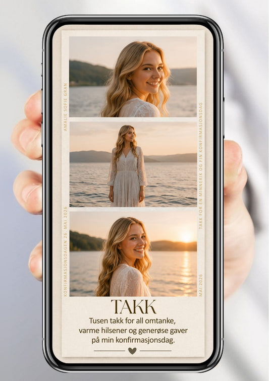 Digitalt takkekort til konfirmasjon i beige med tre stablede bilder, dato og takketekst i solnedgang-stil, vist på mobilskjerm