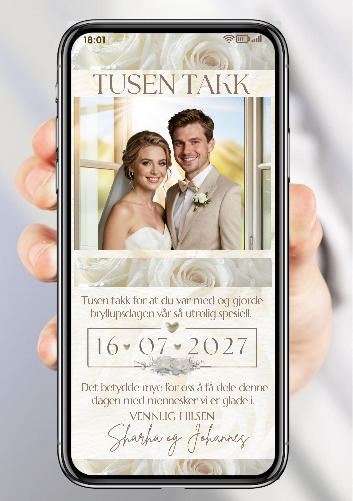 Digitalt takkekort bryllup med brudeparbilde, hvite roser, dato i ramme og håndskrevet signatur