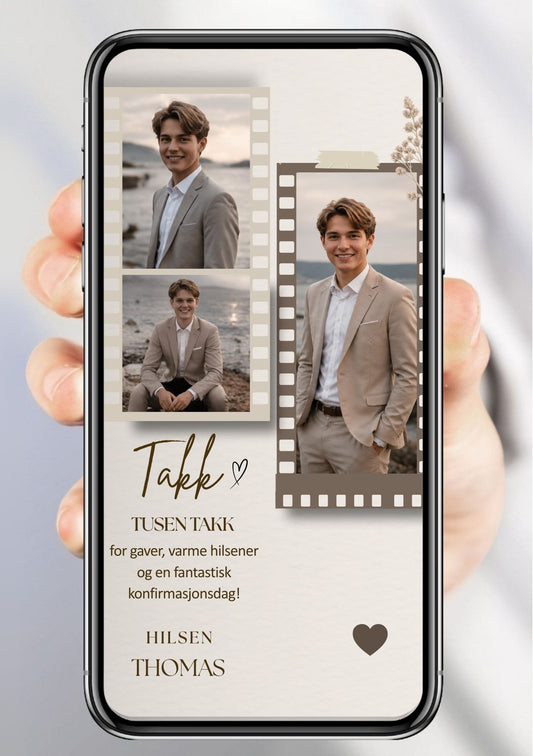 Digitalt takkekort til konfirmasjon i beige med filmstripe-collage, tre personlige bilder og takketekst, vist på mobilskjerm