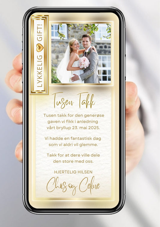 Digital SMS-takkekort til bryllup med brudeparbilde, gull ramme og håndskrevet skrift på kremfarget bakgrunn