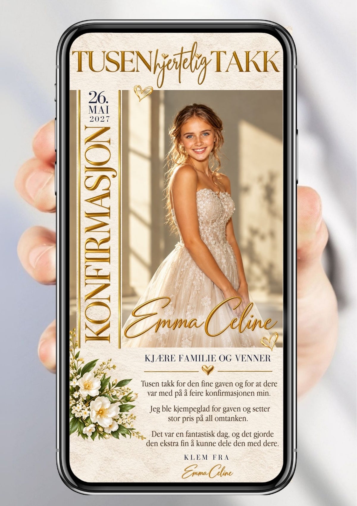 Digitalt takkekort til konfirmasjon vist på mobil med portrett, vertikal gullskrift og hvite blomster. 
