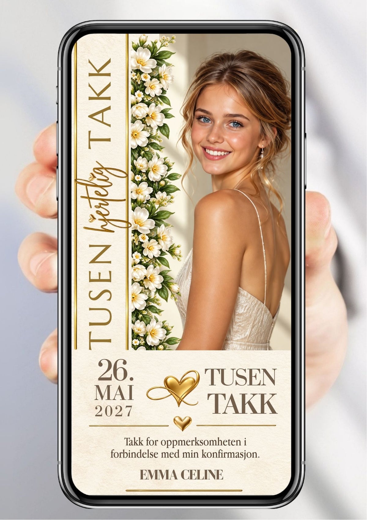 Digitalt takkekort til konfirmasjon på mobil med portrett, loddrett takketekst, hvite blomster og gullhjerter. 