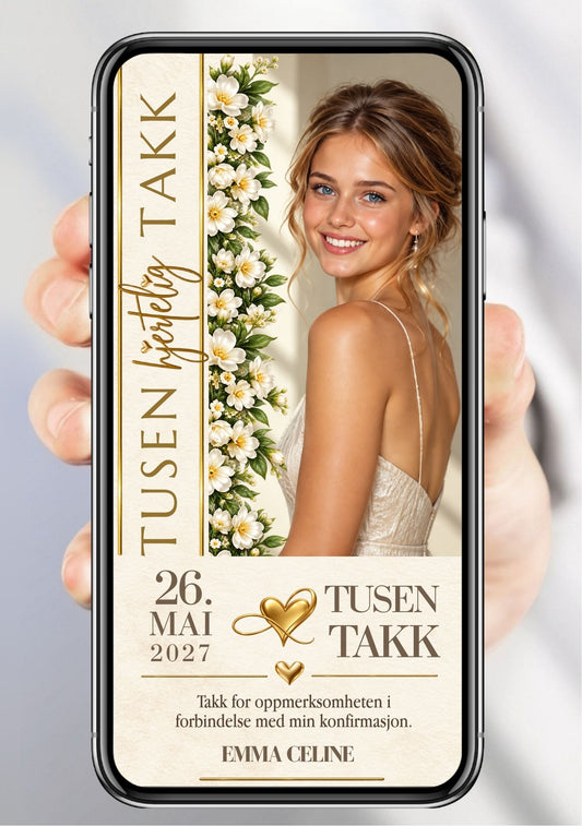 Digitalt takkekort til konfirmasjon på mobil med portrett, loddrett takketekst, hvite blomster og gullhjerter. 