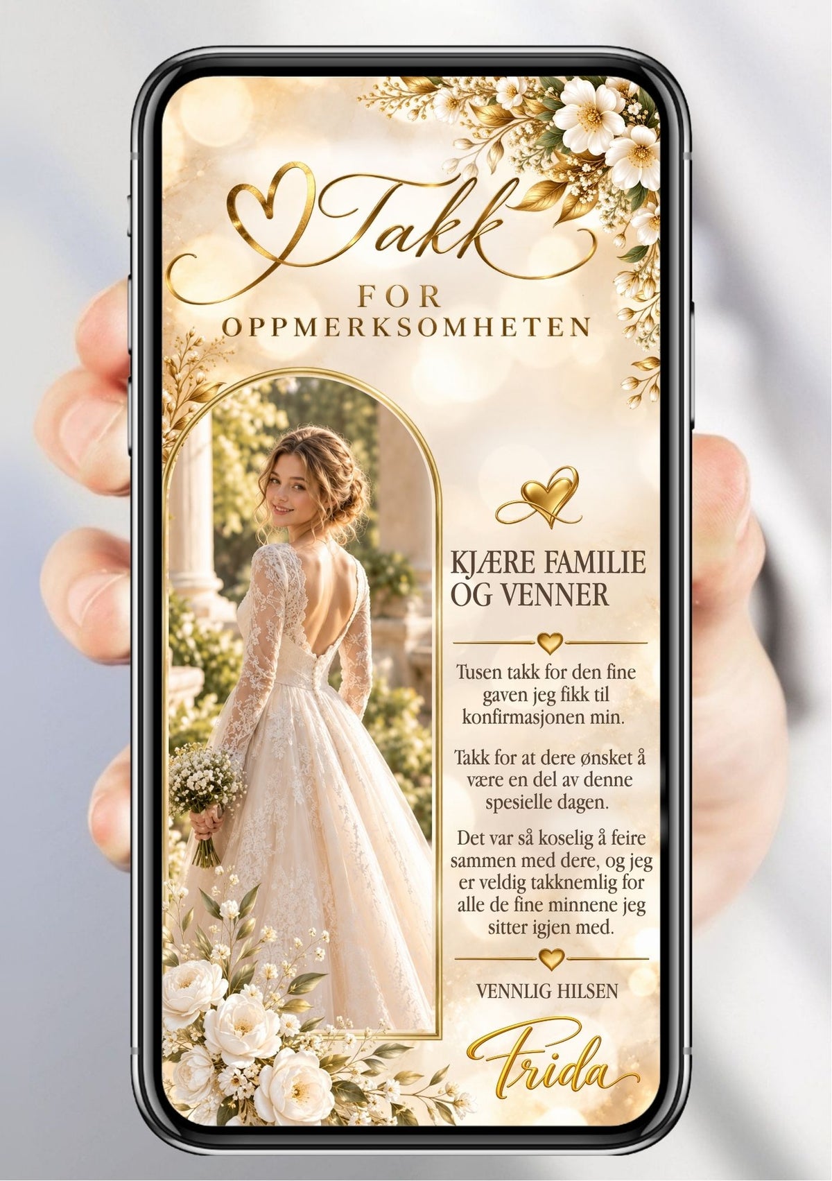 Digitalt takkekort til konfirmasjon på mobil med portrett i gullbue til venstre, takketekst til høyre, hvite blomster og gullhjerter.