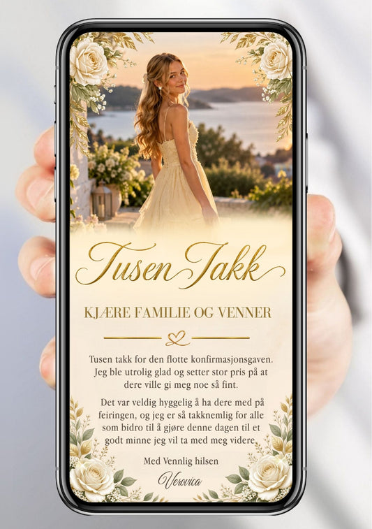 Digitalt takkekort til konfirmasjon på mobil med portrett ved sjøen, hvite roser, kremfarget bakgrunn og gullskrift. 