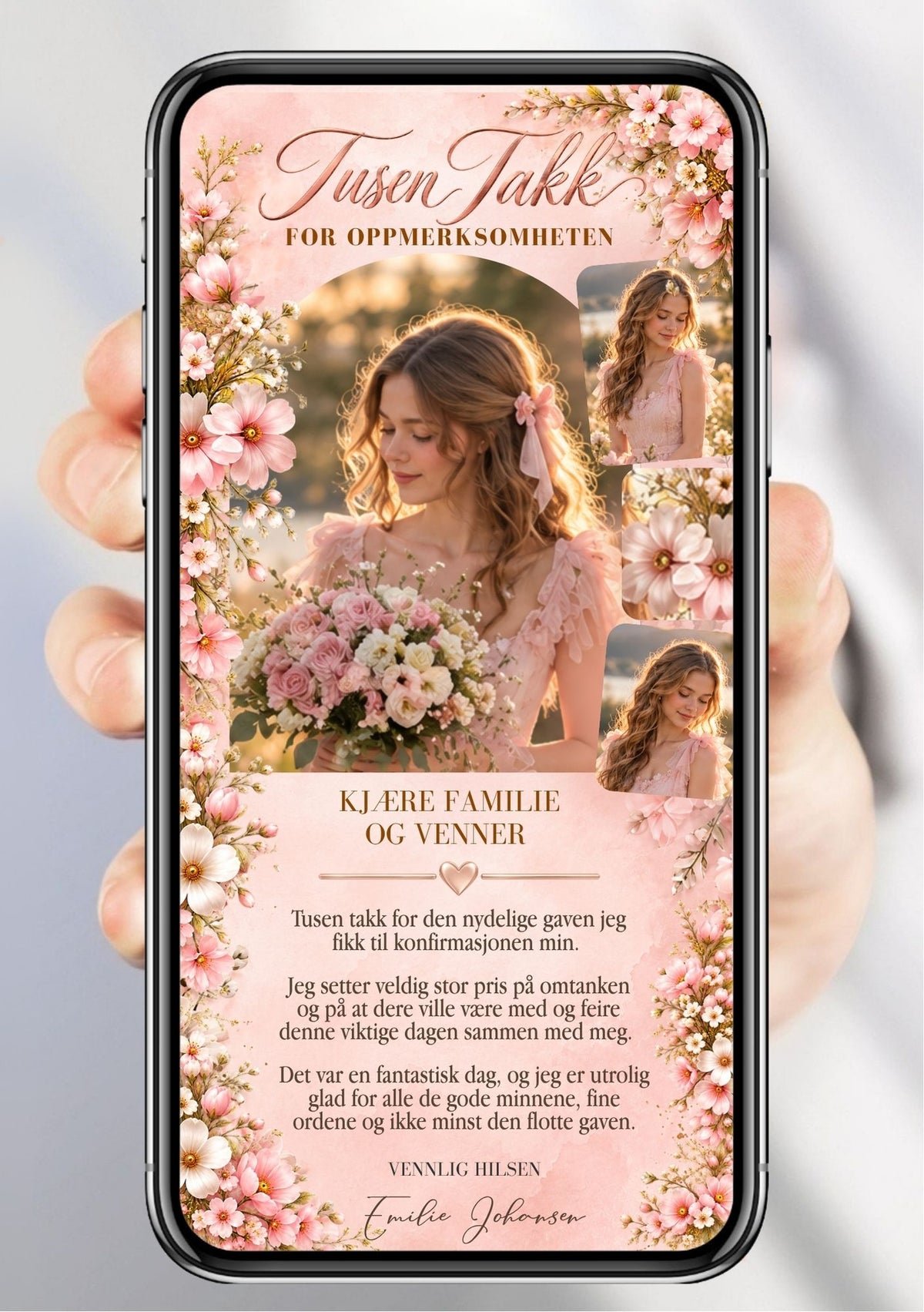 Rosa takkekort til konfirmasjon med portrettcollage, blomsterbukett og floral ramme, vist på en mobil holdt i hånden.