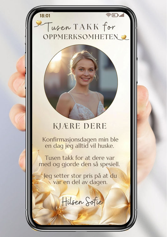 Takkekort konfirmasjon gul med gull blomster og bilde av konfirmanten