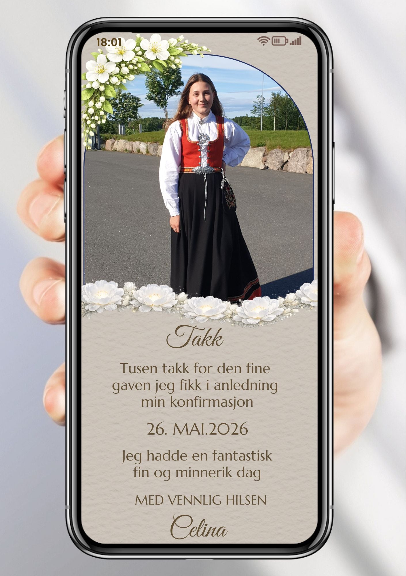 Mobil takkekort konfirmasjon jente i bunad med rundt bilde og håndskrevet navn på beige bakgrunn