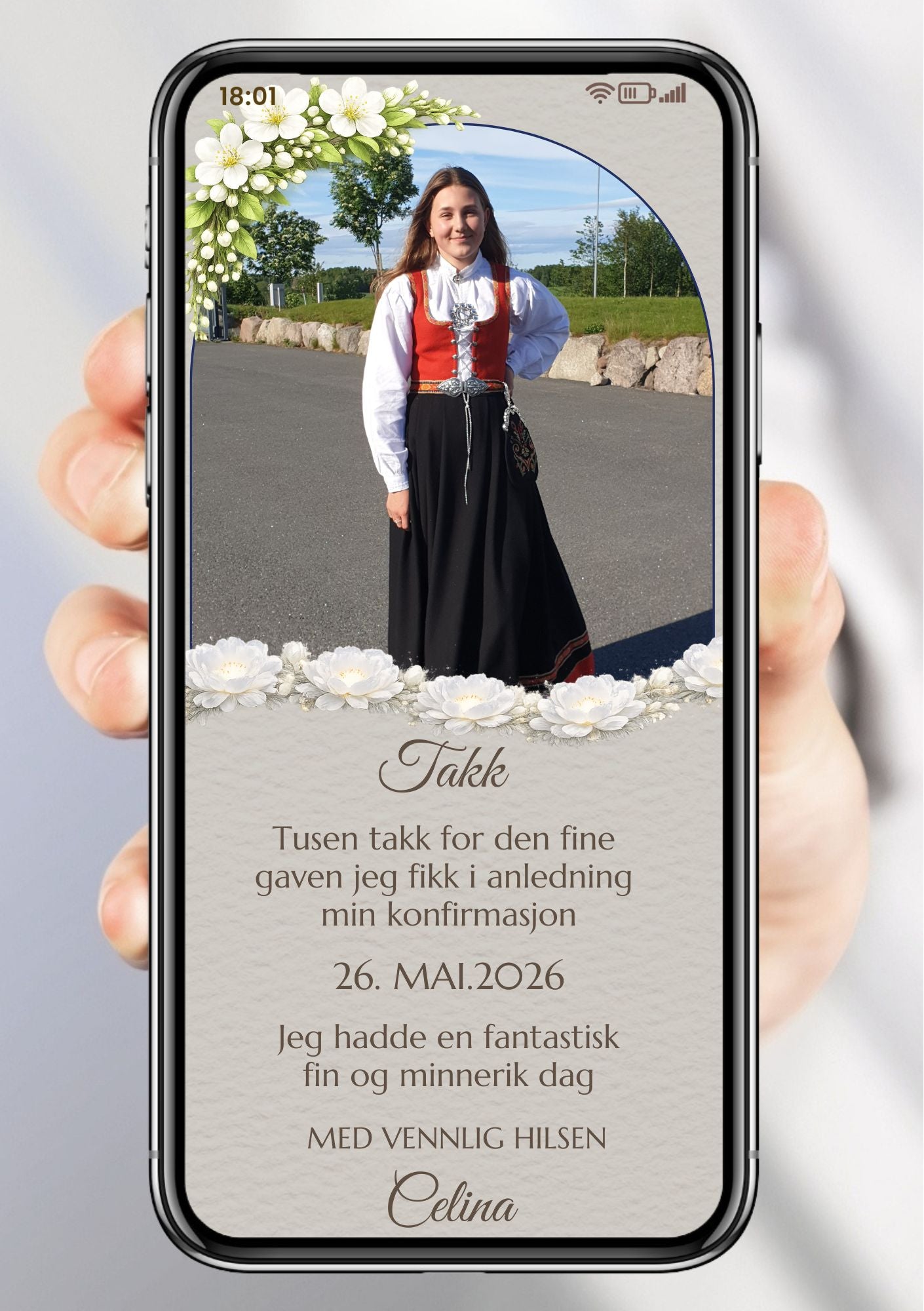 Mobil takkekort konfirmasjon jente i bunad med rundt bilde og håndskrevet navn på grå bakgrunn
