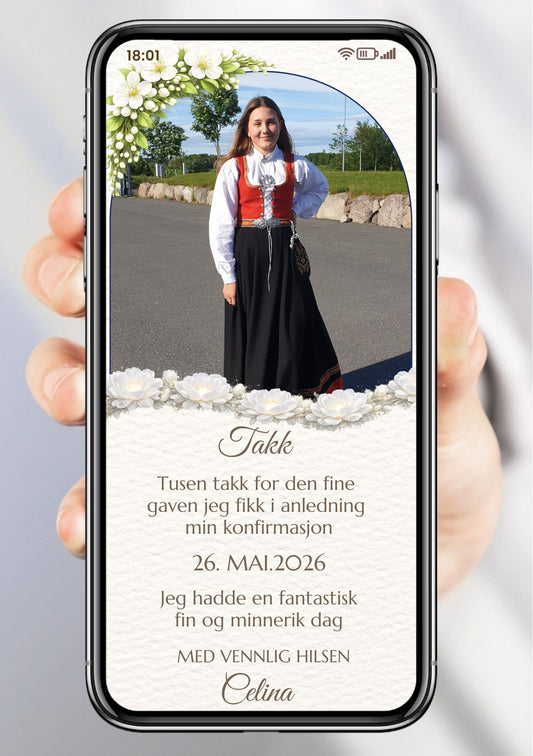 Mobil takkekort konfirmasjon jente i bunad med rundt bilde og håndskrevet navn på hvit bakgrunn