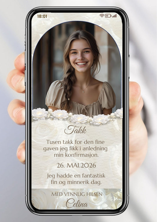 Mobil takkekort konfirmasjon med bueformet bilde av jente, hvite roser og håndskrevet navn på beige bakgrunn