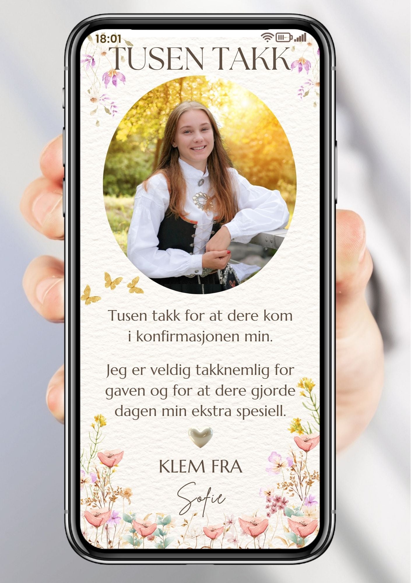 Takkekort konfirmasjon hvit med bilde - personlig design med ferdig tekstforslag - KISS DEKOR