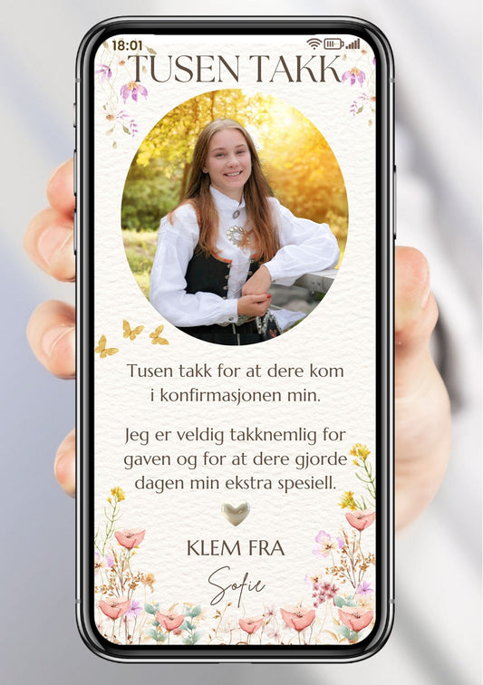 Takkekort konfirmasjon hvit med bilde - personlig design med ferdig tekstforslag - KISS DEKOR