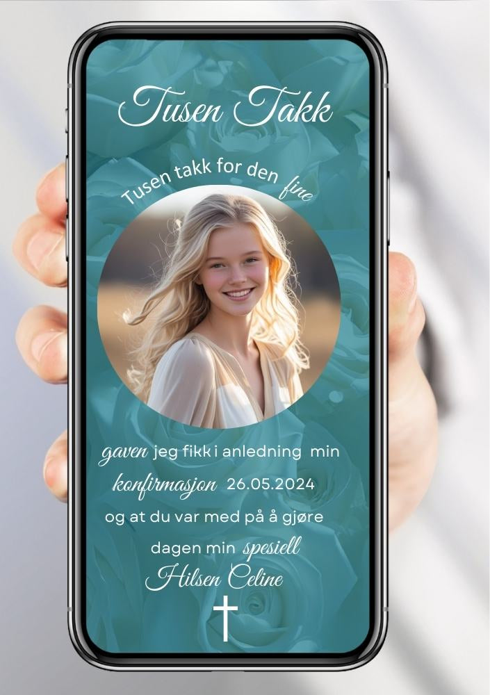 Turkis – Mobil takkekort konfirmasjon med bilde, kors og turkis bakgrunn