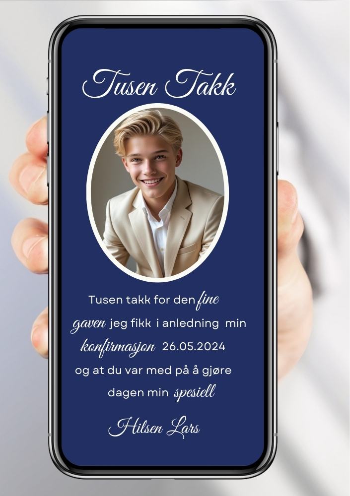 Blå – Mobil takkekort konfirmasjon med bilde, kors og blå bakgrunn