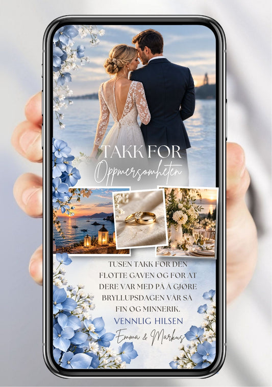 Takkekort med blå hortensiaer, brudepar ved solnedgang, polaroidbilder av hav med lykter, gifteringer og blomsterdekorert bryllupsbord