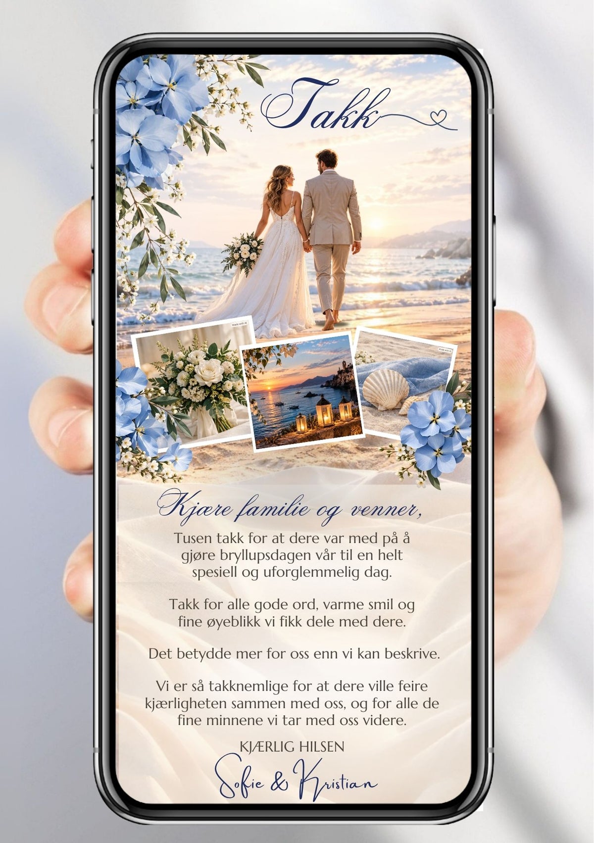 Takkekort med brudepar ved solnedgang på strand, blå hortensiaer, polaroidbilder av blomsterbukett, hav med lykter og skjell, og personlig takkekst til familie og venner
