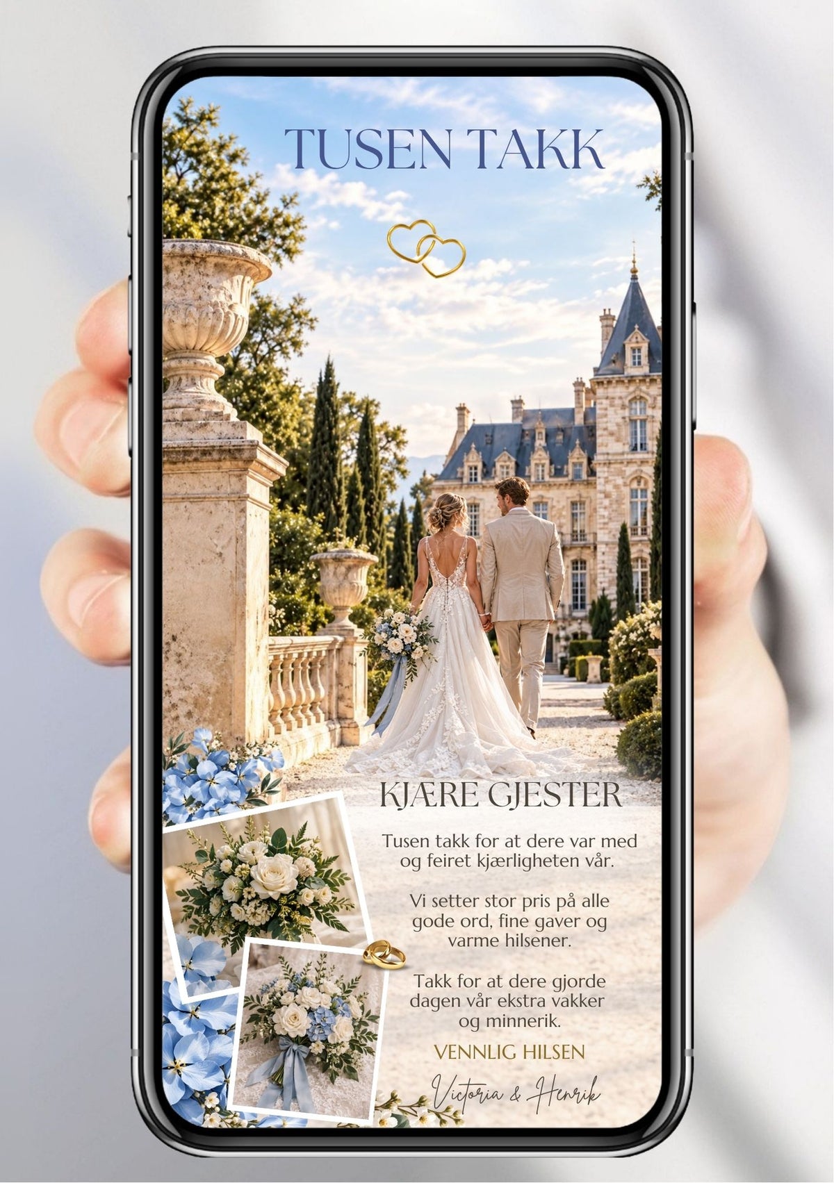 Takkekort med brudepar som går mot fransk slott, polaroidbilder av hvit blomsterbukett og gifteringer, gullhjerter og teksten "Tusen takk"