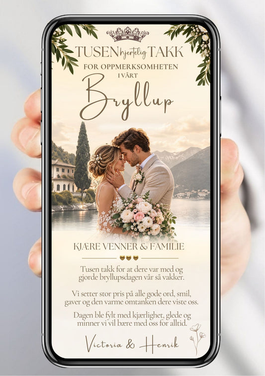 Takkekort med brudepar ansikt til ansikt med blomsterbukett foran italiensk innsjølandskap, olivengrener og krone øverst, takketekst og håndskriftnavn på beige bakgrunn