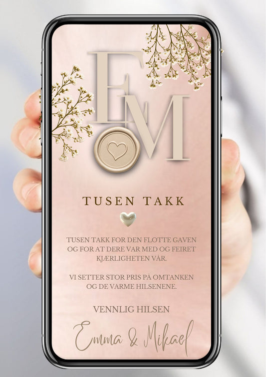 Takkekort med monogram-initialer E og M, gullfarget vokssegl med hjerte, gypsophila-grener og teksten "Tusen takk" på blush/rosa bakgrunn