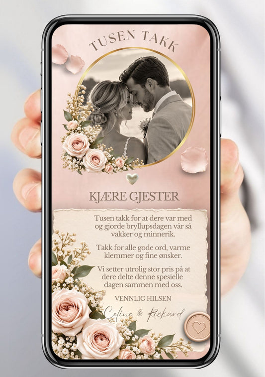 Takkekort med rundt brudefoto i gullramme, kremroser og gypsophila på blush bakgrunn – send en varm og personlig takk til gjestene rett fra telefonen.